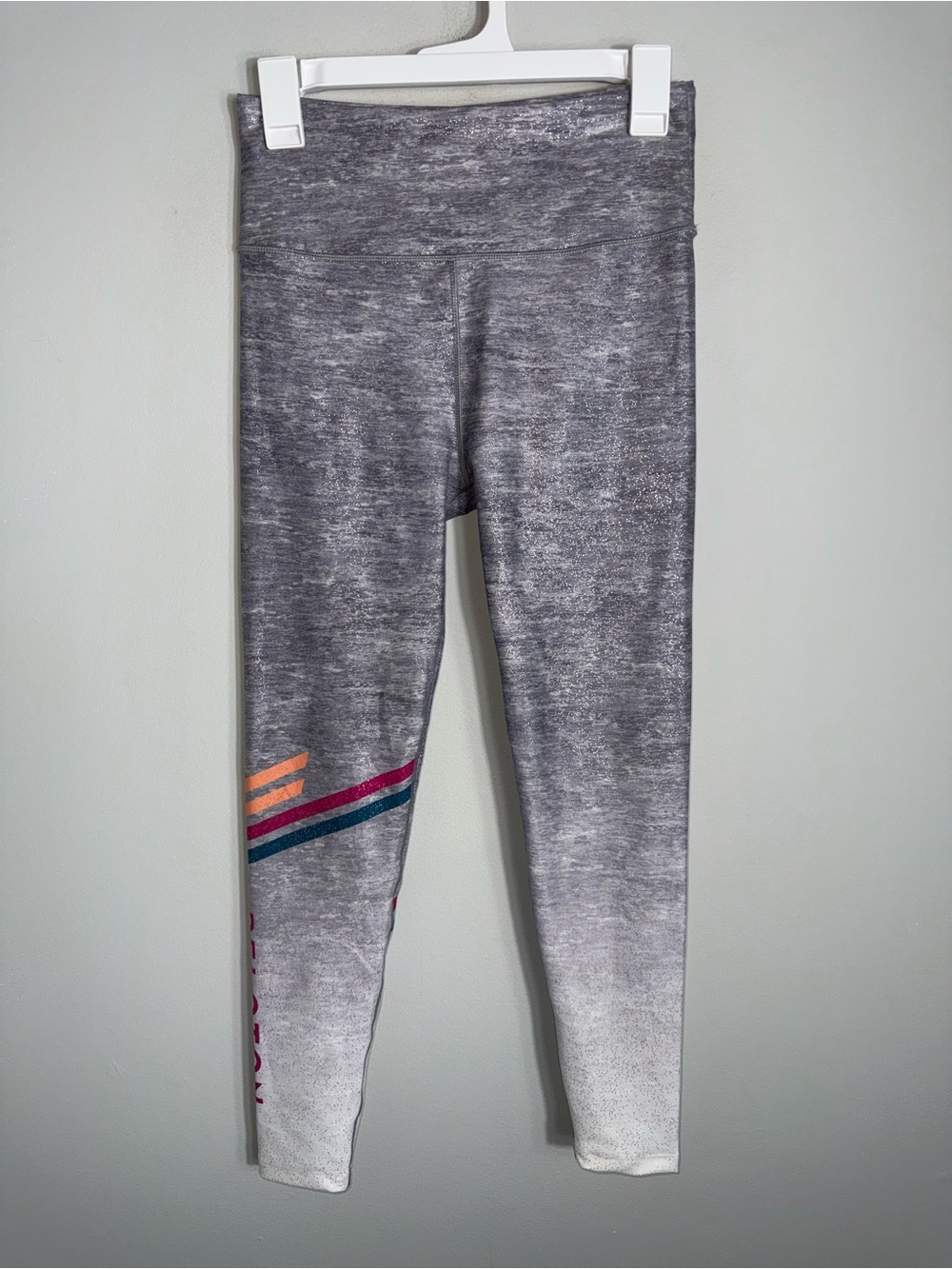 Peloton Women's Leggings-Activewear-Gray Metallic-Logo Spellout-Size Medium